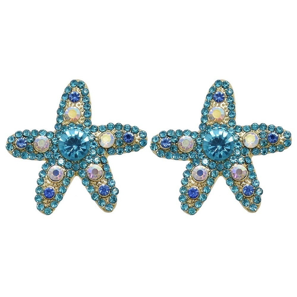 Blue gold rhinestone Starfish stud Earrings
